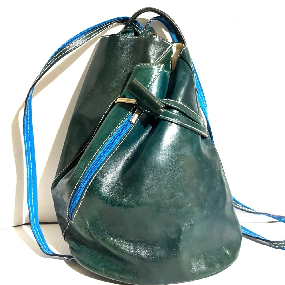Handmade Dark Green & blue Leather Drawstring Backpack with Bright Blue Trim